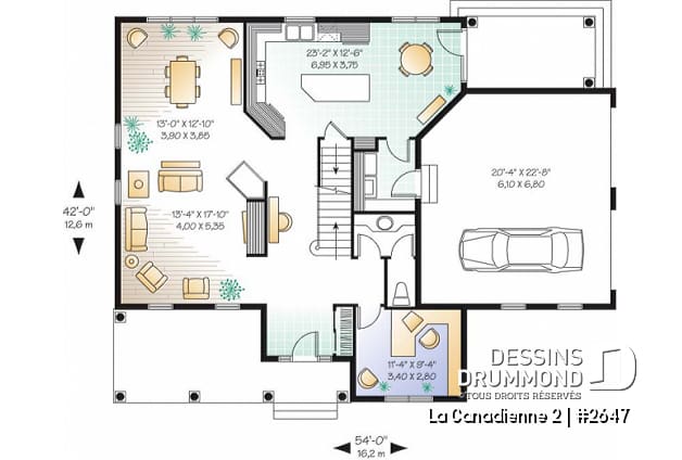 Rez-de-chaussée - Plan de cottage champêtre, 3 à 5 chambres, vaste cuisine avec coin déjeuner, plafond 9', bureau à domicile - La Canadienne 2