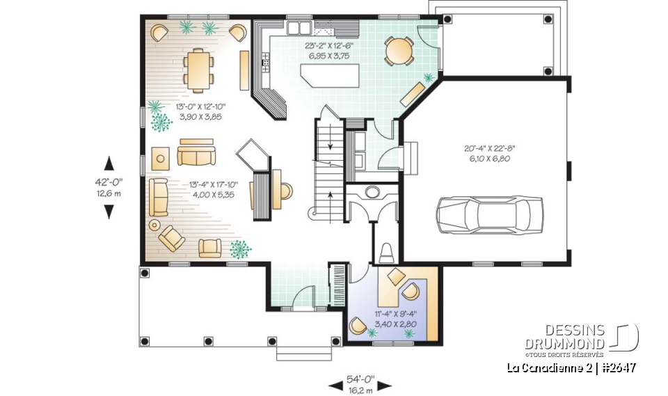 Rez-de-chaussée - Plan de cottage champêtre, 3 à 5 chambres, vaste cuisine avec coin déjeuner, plafond 9', bureau à domicile - La Canadienne 2