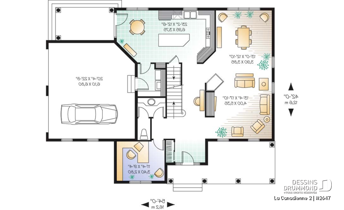 Rez-de-chaussée - Plan de cottage champêtre, 3 à 5 chambres, vaste cuisine avec coin déjeuner, plafond 9', bureau à domicile - La Canadienne 2