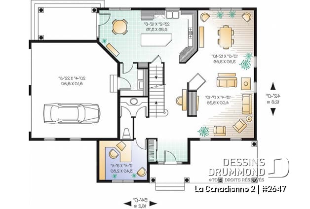 Rez-de-chaussée - Plan de cottage champêtre, 3 à 5 chambres, vaste cuisine avec coin déjeuner, plafond 9', bureau à domicile - La Canadienne 2