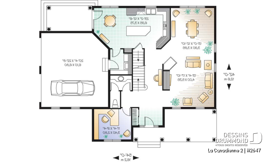 Rez-de-chaussée - Plan de cottage champêtre, 3 à 5 chambres, vaste cuisine avec coin déjeuner, plafond 9', bureau à domicile - La Canadienne 2