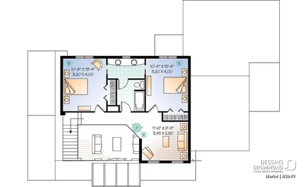 Étage - Plan de chalet 3 à 4 chambres, salon avec foyer, garage double, buanderie au r-d-c, 3 ou 4 chambres à l'étage - Merlot