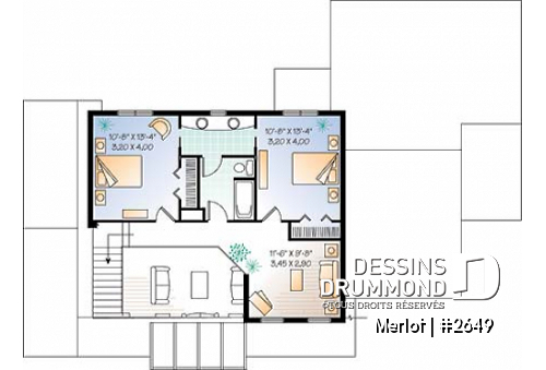 Étage - Plan de chalet 3 à 4 chambres, salon avec foyer, garage double, buanderie au r-d-c, 3 ou 4 chambres à l'étage - Merlot