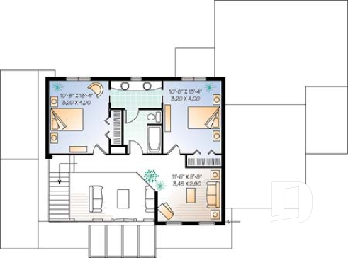 Étage - Plan de chalet 3 à 4 chambres, salon avec foyer, garage double, buanderie au r-d-c, 3 ou 4 chambres à l'étage - Merlot