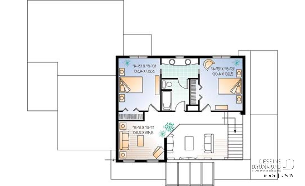 Étage - Plan de chalet 3 à 4 chambres, salon avec foyer, garage double, buanderie au r-d-c, 3 ou 4 chambres à l'étage - Merlot