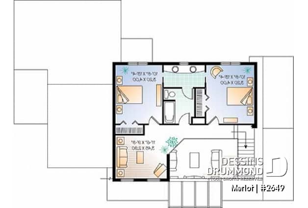 Étage - Plan de chalet 3 à 4 chambres, salon avec foyer, garage double, buanderie au r-d-c, 3 ou 4 chambres à l'étage - Merlot