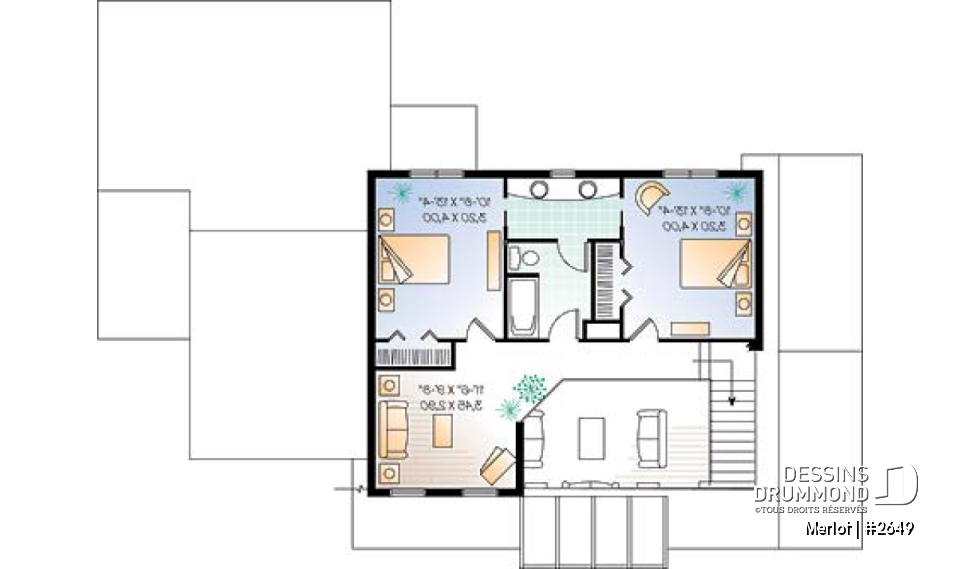 Étage - Plan de chalet 3 à 4 chambres, salon avec foyer, garage double, buanderie au r-d-c, 3 ou 4 chambres à l'étage - Merlot