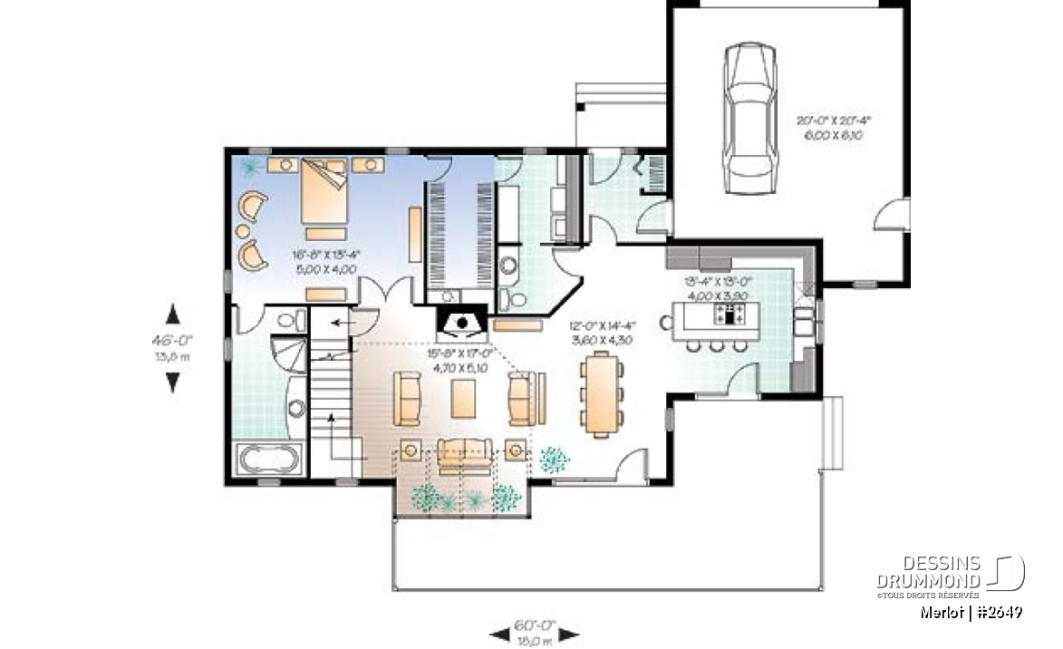 Rez-de-chaussée - Plan de chalet 3 à 4 chambres, salon avec foyer, garage double, buanderie au r-d-c, 3 ou 4 chambres à l'étage - Merlot