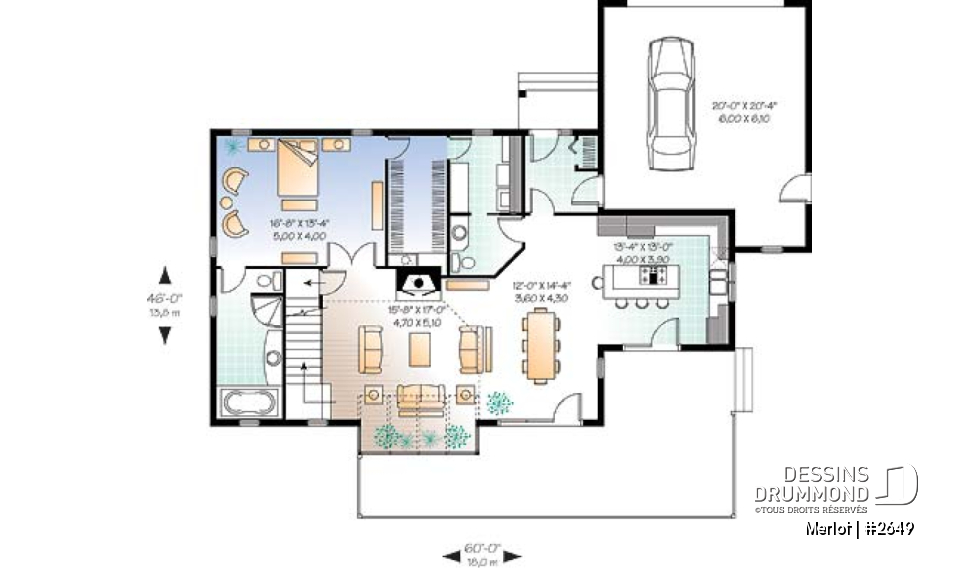 Rez-de-chaussée - Plan de chalet 3 à 4 chambres, salon avec foyer, garage double, buanderie au r-d-c, 3 ou 4 chambres à l'étage - Merlot