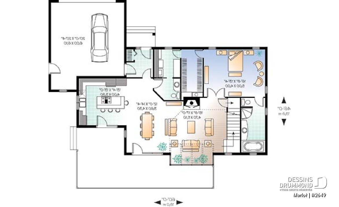 Rez-de-chaussée - Plan de chalet 3 à 4 chambres, salon avec foyer, garage double, buanderie au r-d-c, 3 ou 4 chambres à l'étage - Merlot
