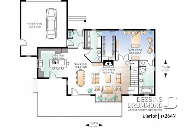Rez-de-chaussée - Plan de chalet 3 à 4 chambres, salon avec foyer, garage double, buanderie au r-d-c, 3 ou 4 chambres à l'étage - Merlot