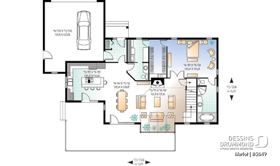 Rez-de-chaussée - Plan de chalet 3 à 4 chambres, salon avec foyer, garage double, buanderie au r-d-c, 3 ou 4 chambres à l'étage - Merlot