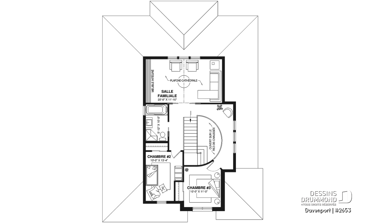 Étage - Plan d'inspiration européenne, 2 foyers, suite des maîtres, 3 à 4 ch., bureau, salle de cinéma, plafond 9' - Davenport