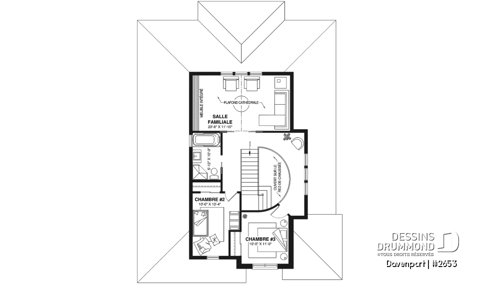 Étage - Plan d'inspiration européenne, 2 foyers, suite des maîtres, 3 à 4 ch., bureau, salle de cinéma, plafond 9' - Davenport