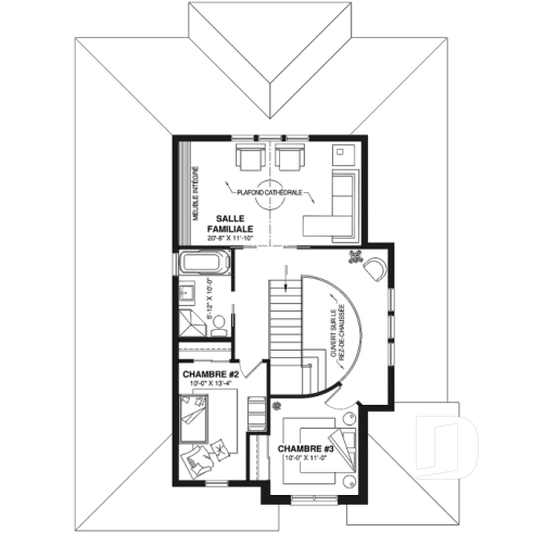 Étage - Plan d'inspiration européenne, 2 foyers, suite des maîtres, 3 à 4 ch., bureau, salle de cinéma, plafond 9' - Davenport