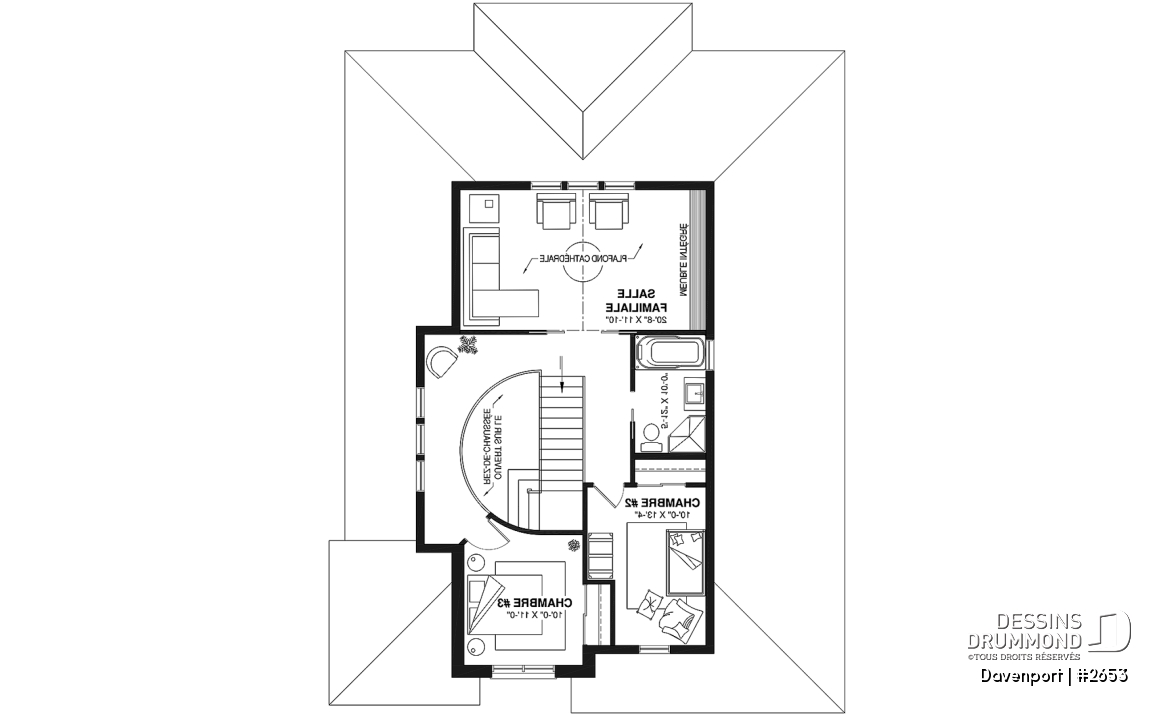 Étage - Plan d'inspiration européenne, 2 foyers, suite des maîtres, 3 à 4 ch., bureau, salle de cinéma, plafond 9' - Davenport