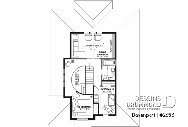 Étage - Plan d'inspiration européenne, 2 foyers, suite des maîtres, 3 à 4 ch., bureau, salle de cinéma, plafond 9' - Davenport