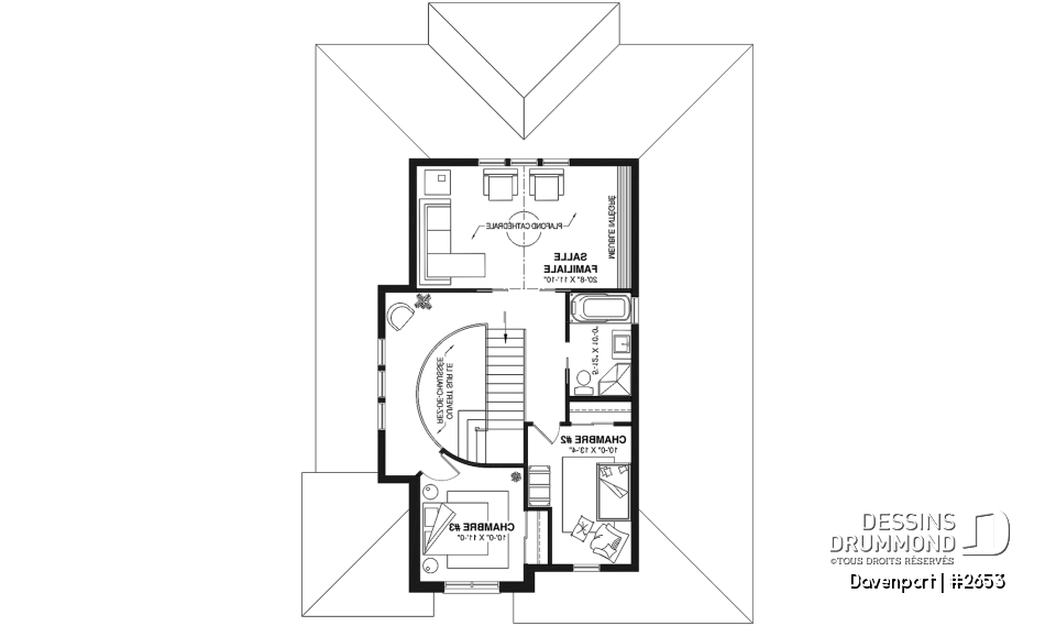 Étage - Plan d'inspiration européenne, 2 foyers, suite des maîtres, 3 à 4 ch., bureau, salle de cinéma, plafond 9' - Davenport