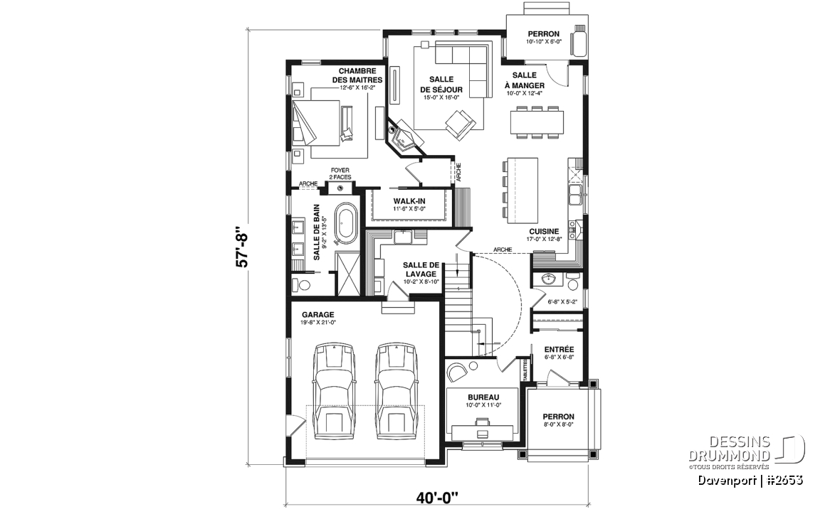 Rez-de-chaussée - Plan d'inspiration européenne, 2 foyers, suite des maîtres, 3 à 4 ch., bureau, salle de cinéma, plafond 9' - Davenport