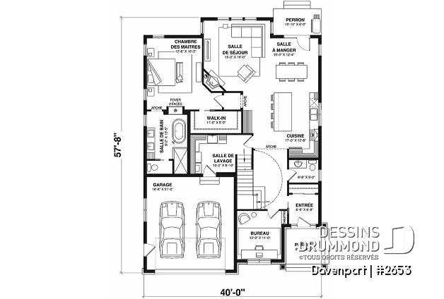 Rez-de-chaussée - Plan d'inspiration européenne, 2 foyers, suite des maîtres, 3 à 4 ch., bureau, salle de cinéma, plafond 9' - Davenport