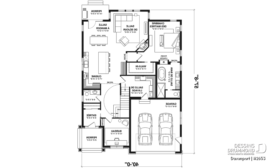 Rez-de-chaussée - Plan d'inspiration européenne, 2 foyers, suite des maîtres, 3 à 4 ch., bureau, salle de cinéma, plafond 9' - Davenport