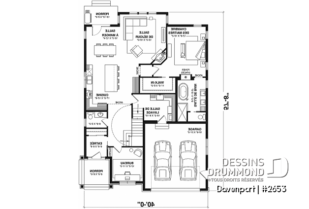 Rez-de-chaussée - Plan d'inspiration européenne, 2 foyers, suite des maîtres, 3 à 4 ch., bureau, salle de cinéma, plafond 9' - Davenport