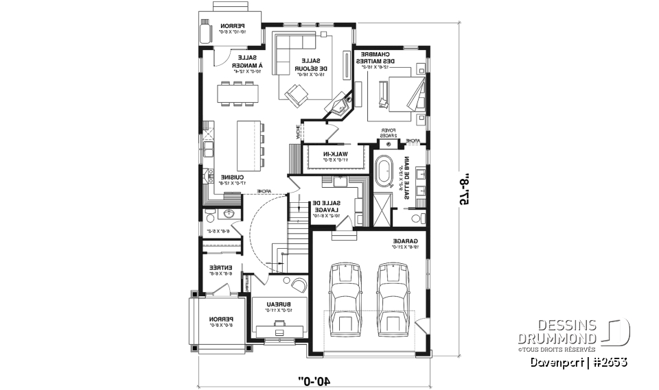Rez-de-chaussée - Plan d'inspiration européenne, 2 foyers, suite des maîtres, 3 à 4 ch., bureau, salle de cinéma, plafond 9' - Davenport