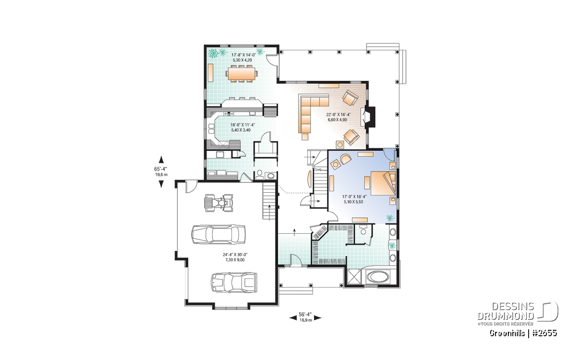 Rez-de-chaussée - Plan de maison 4 chambres et 3 salles de bain, garage double, terrasse abritée, garde-manger, foyer - Greenhills