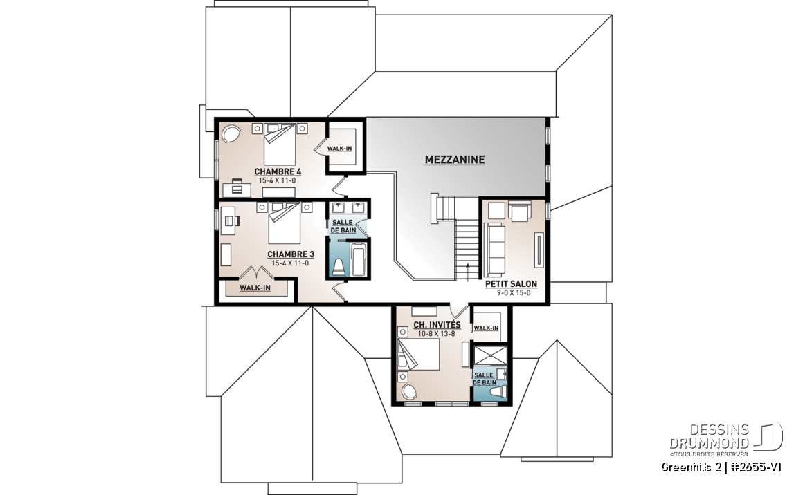 Étage - Plan maison Farmhouse 4 chambres, garage triple, îlot, garde-manger, foyer, suite des parents au premier - Greenhills 2