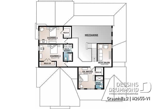 Étage - Plan maison Farmhouse 4 chambres, garage triple, îlot, garde-manger, foyer, suite des parents au premier - Greenhills 2