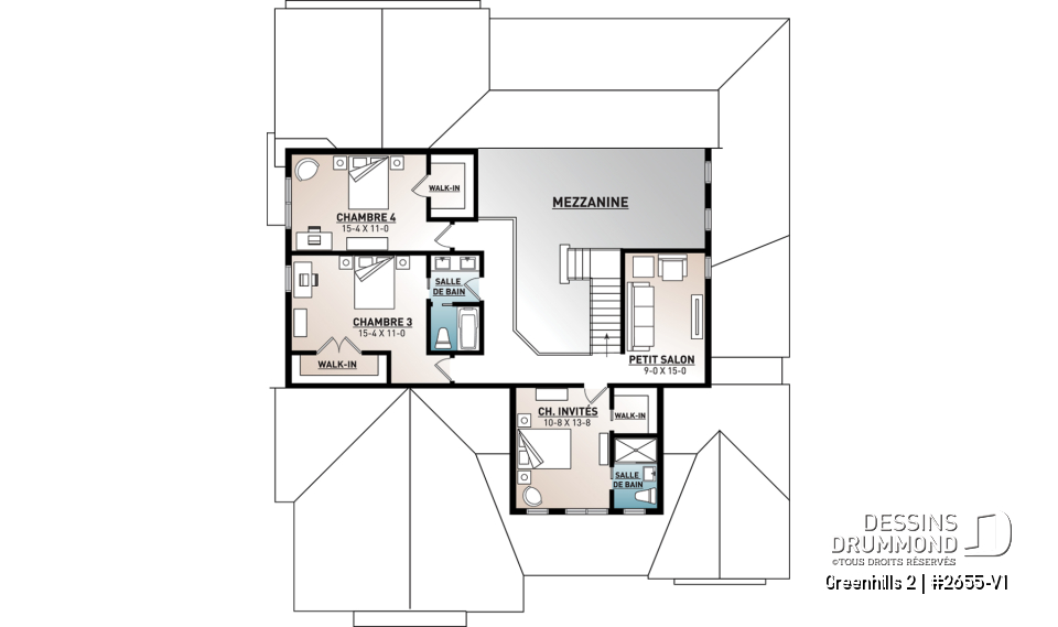 Étage - Plan maison Farmhouse 4 chambres, garage triple, îlot, garde-manger, foyer, suite des parents au premier - Greenhills 2