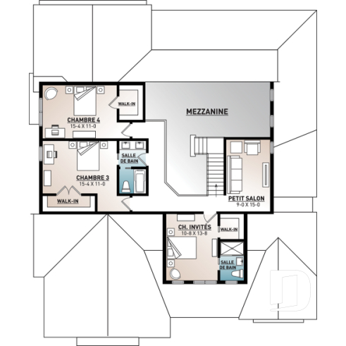 Étage - Plan maison Farmhouse 4 chambres, garage triple, îlot, garde-manger, foyer, suite des parents au premier - Greenhills 2