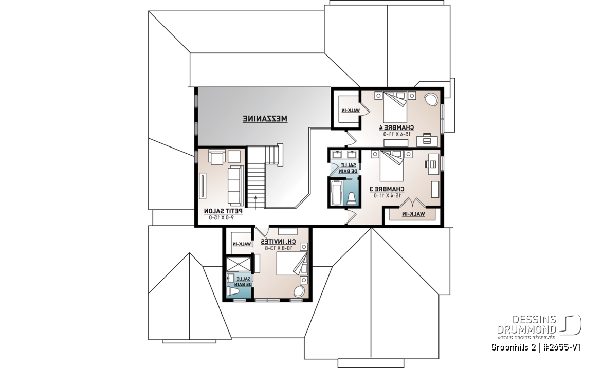 Étage - Plan maison Farmhouse 4 chambres, garage triple, îlot, garde-manger, foyer, suite des parents au premier - Greenhills 2
