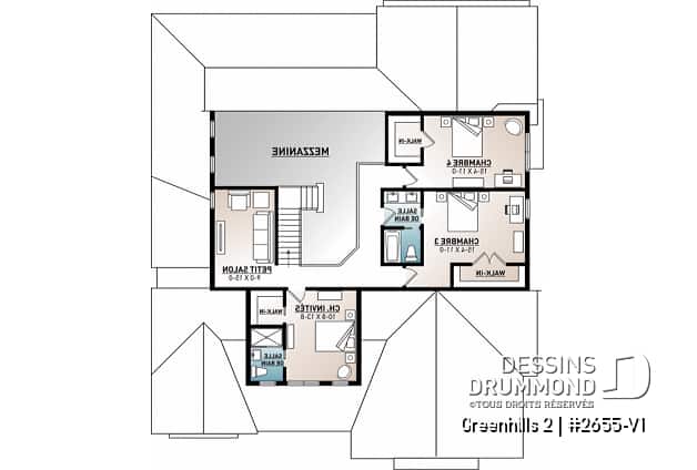 Étage - Plan maison Farmhouse 4 chambres, garage triple, îlot, garde-manger, foyer, suite des parents au premier - Greenhills 2