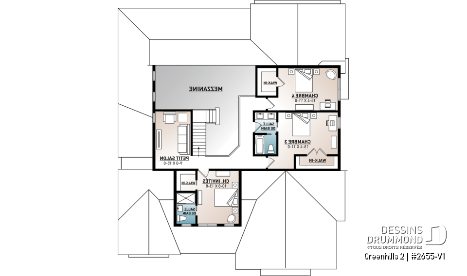 Étage - Plan maison Farmhouse 4 chambres, garage triple, îlot, garde-manger, foyer, suite des parents au premier - Greenhills 2