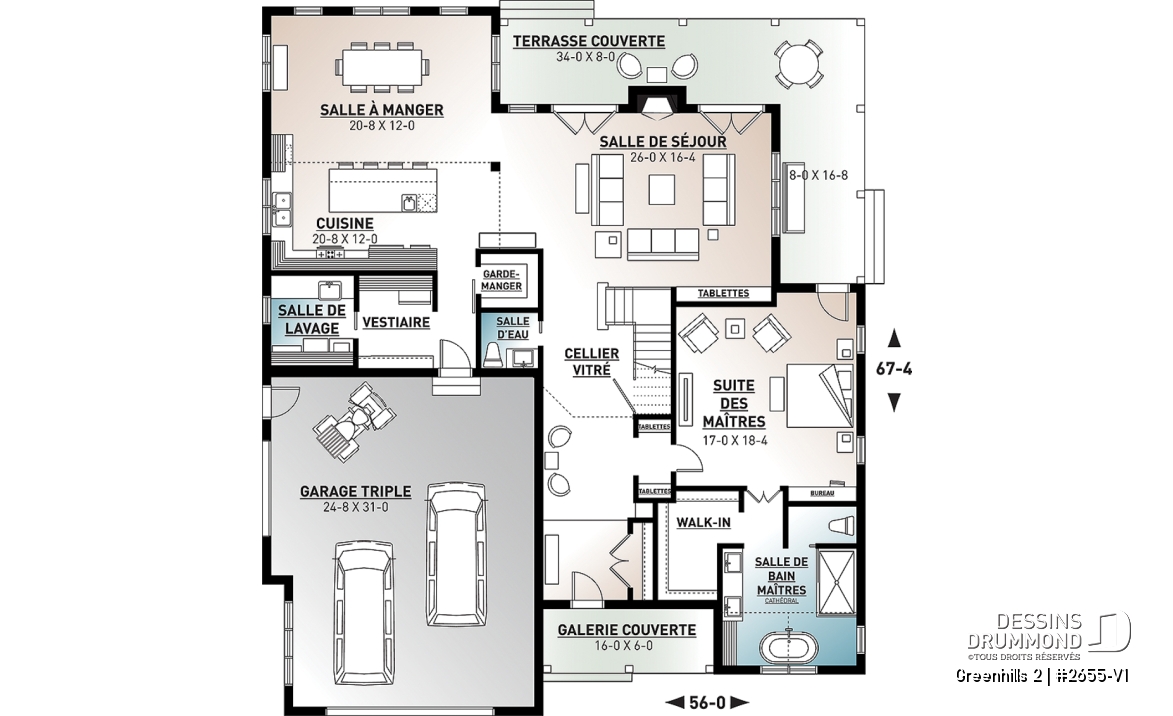 Rez-de-chaussée - Plan maison Farmhouse 4 chambres, garage triple, îlot, garde-manger, foyer, suite des parents au premier - Greenhills 2