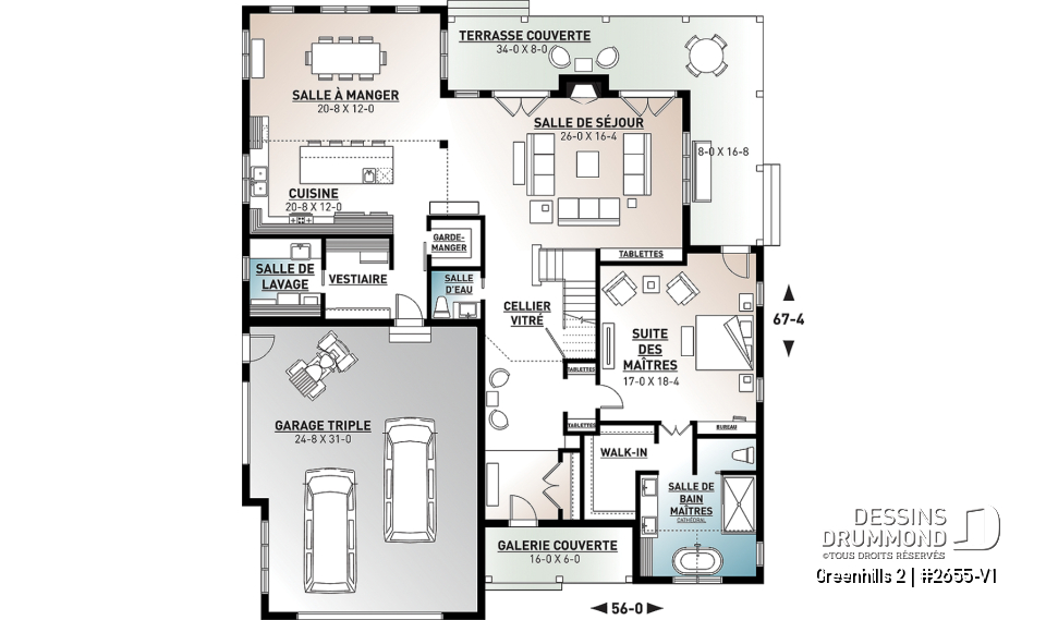 Rez-de-chaussée - Plan maison Farmhouse 4 chambres, garage triple, îlot, garde-manger, foyer, suite des parents au premier - Greenhills 2
