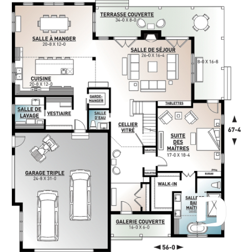 Rez-de-chaussée - Plan maison Farmhouse 4 chambres, garage triple, îlot, garde-manger, foyer, suite des parents au premier - Greenhills 2