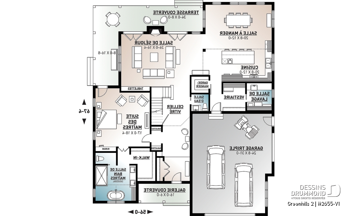 Rez-de-chaussée - Plan maison Farmhouse 4 chambres, garage triple, îlot, garde-manger, foyer, suite des parents au premier - Greenhills 2