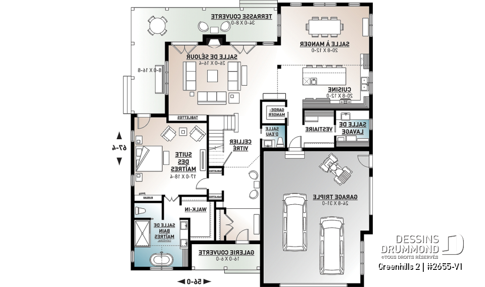 Rez-de-chaussée - Plan maison Farmhouse 4 chambres, garage triple, îlot, garde-manger, foyer, suite des parents au premier - Greenhills 2