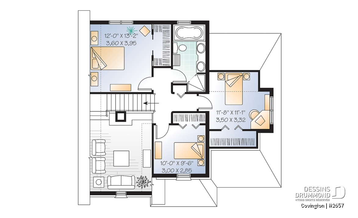 Étage - Plan de maison de style Manoir, cuisine fonctionnelle, 3 chambres, garage, vestibule - Covington