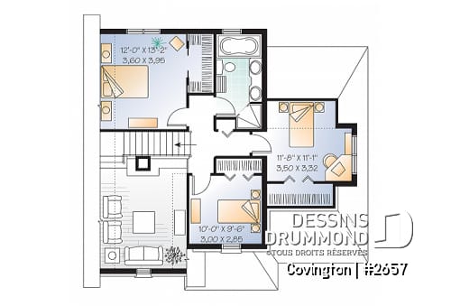 Étage - Plan de maison de style Manoir, cuisine fonctionnelle, 3 chambres, garage, vestibule - Covington