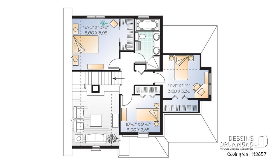 Étage - Plan de maison de style Manoir, cuisine fonctionnelle, 3 chambres, garage, vestibule - Covington