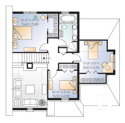 Étage - Plan de maison de style Manoir, cuisine fonctionnelle, 3 chambres, garage, vestibule - Covington