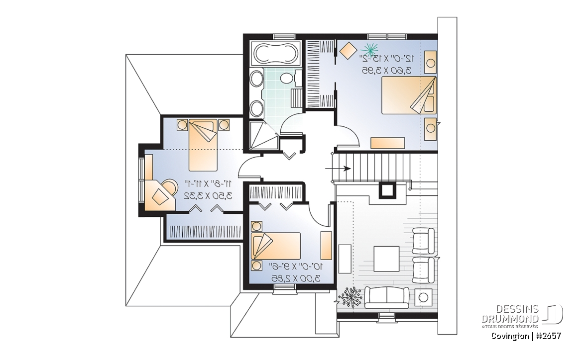 Étage - Plan de maison de style Manoir, cuisine fonctionnelle, 3 chambres, garage, vestibule - Covington