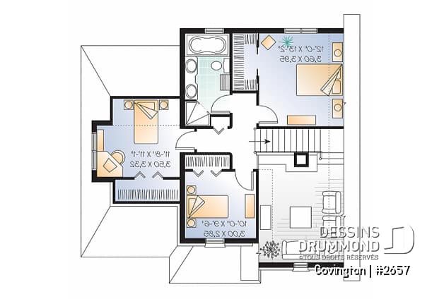 Étage - Plan de maison de style Manoir, cuisine fonctionnelle, 3 chambres, garage, vestibule - Covington