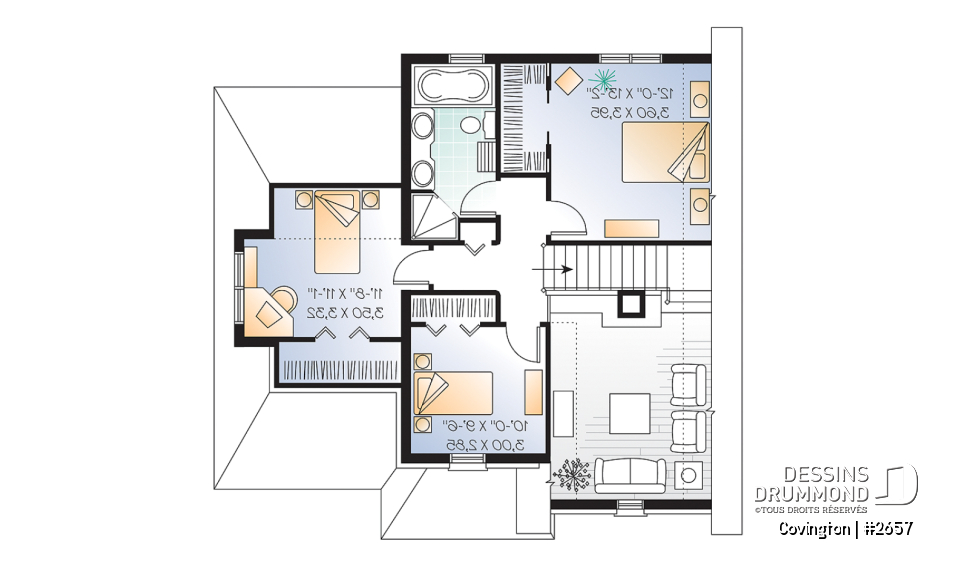 Étage - Plan de maison de style Manoir, cuisine fonctionnelle, 3 chambres, garage, vestibule - Covington
