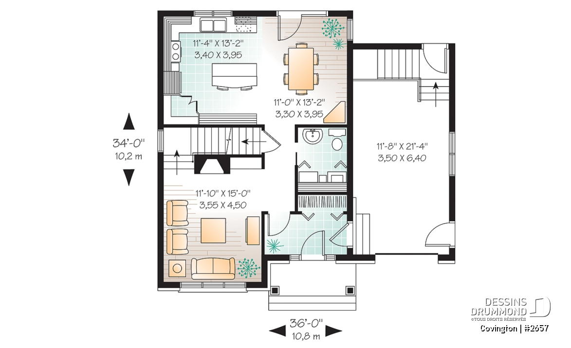 Rez-de-chaussée - Plan de maison de style Manoir, cuisine fonctionnelle, 3 chambres, garage, vestibule - Covington