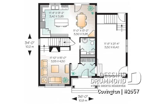 Rez-de-chaussée - Plan de maison de style Manoir, cuisine fonctionnelle, 3 chambres, garage, vestibule - Covington