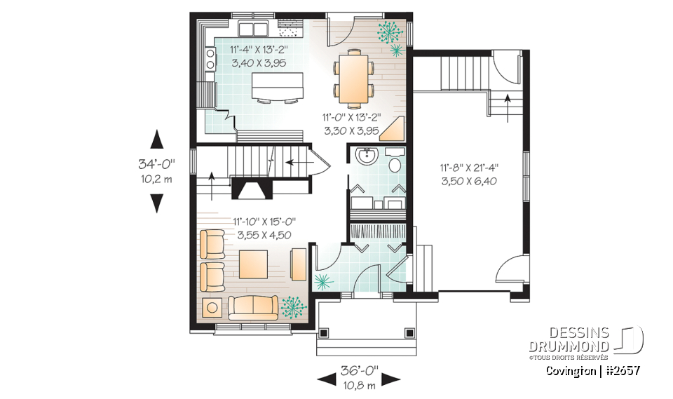 Rez-de-chaussée - Plan de maison de style Manoir, cuisine fonctionnelle, 3 chambres, garage, vestibule - Covington